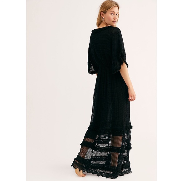 Free People Lace Knit Kimono Scallop Tassel Black Plunging Maxi Dress NWT - Picture 3 of 4